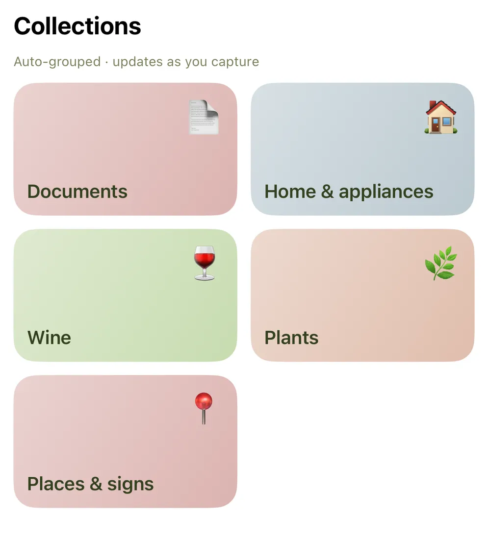 Collections in Keeplea: Documents, Home and appliances, Wine, Plants, and Places and signs, under the line 'Auto-grouped, updates as you capture'