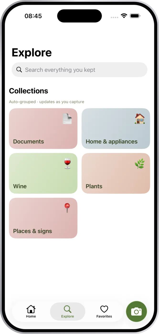 The Explore screen in Keeplea, showing collections named Documents, Home and appliances, Wine, Plants, and Places and signs