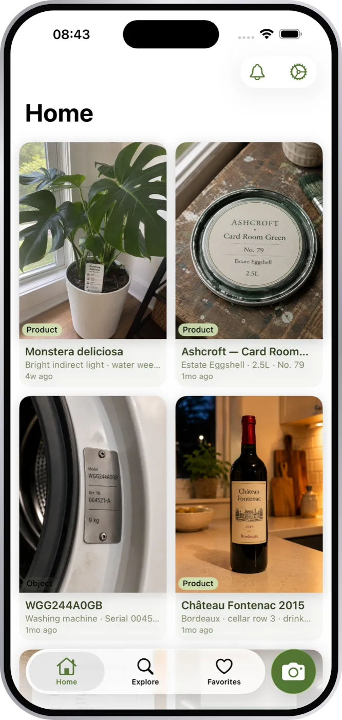 The home screen in Keeplea, showing kept photographs of a monstera, a paint tin, a washing machine plate and a wine bottle