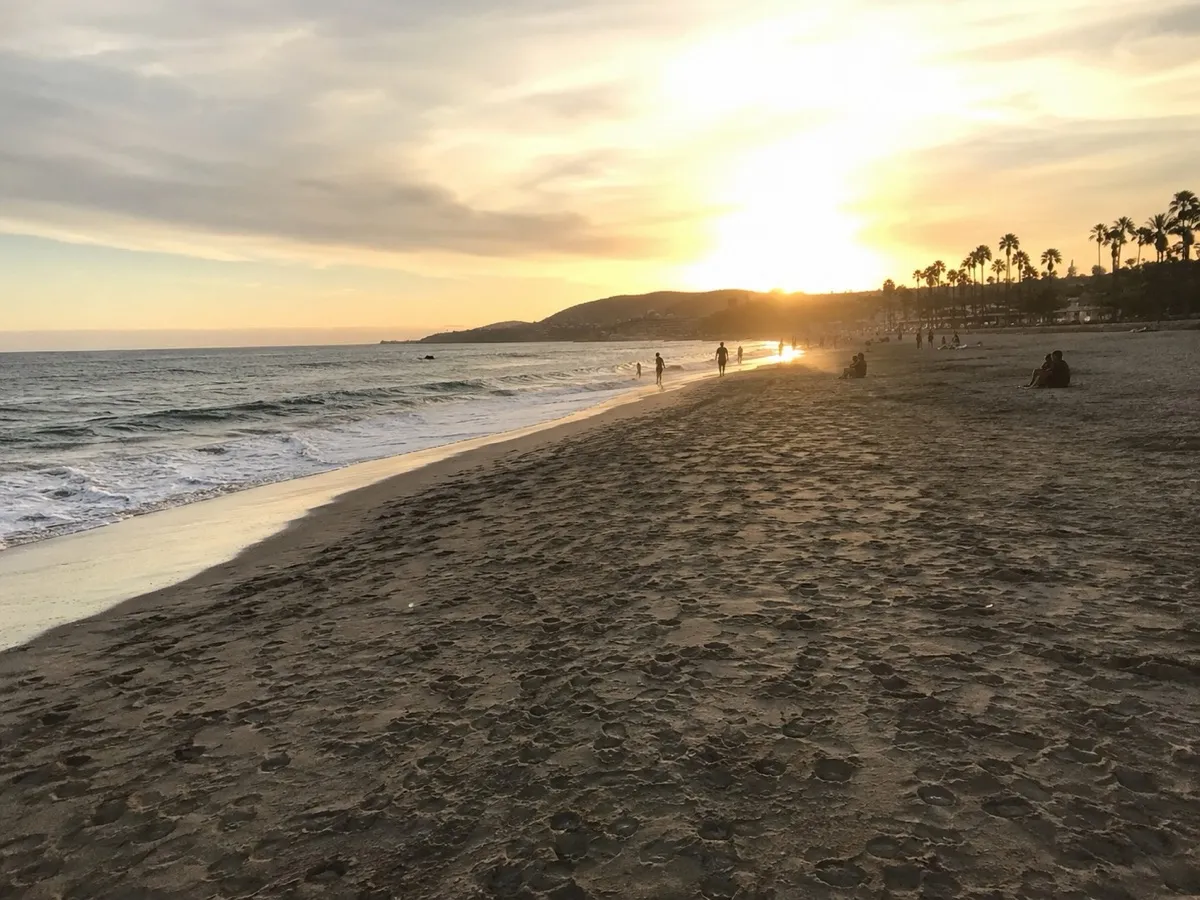 A beach at sunset