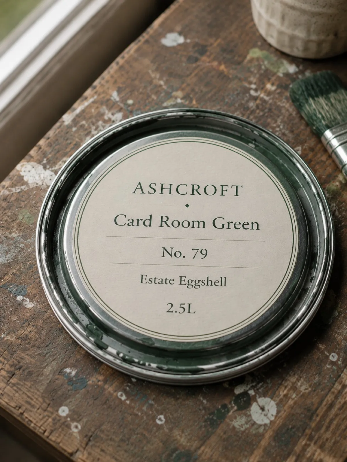 A tin of green paint photographed on a paint-flecked windowsill