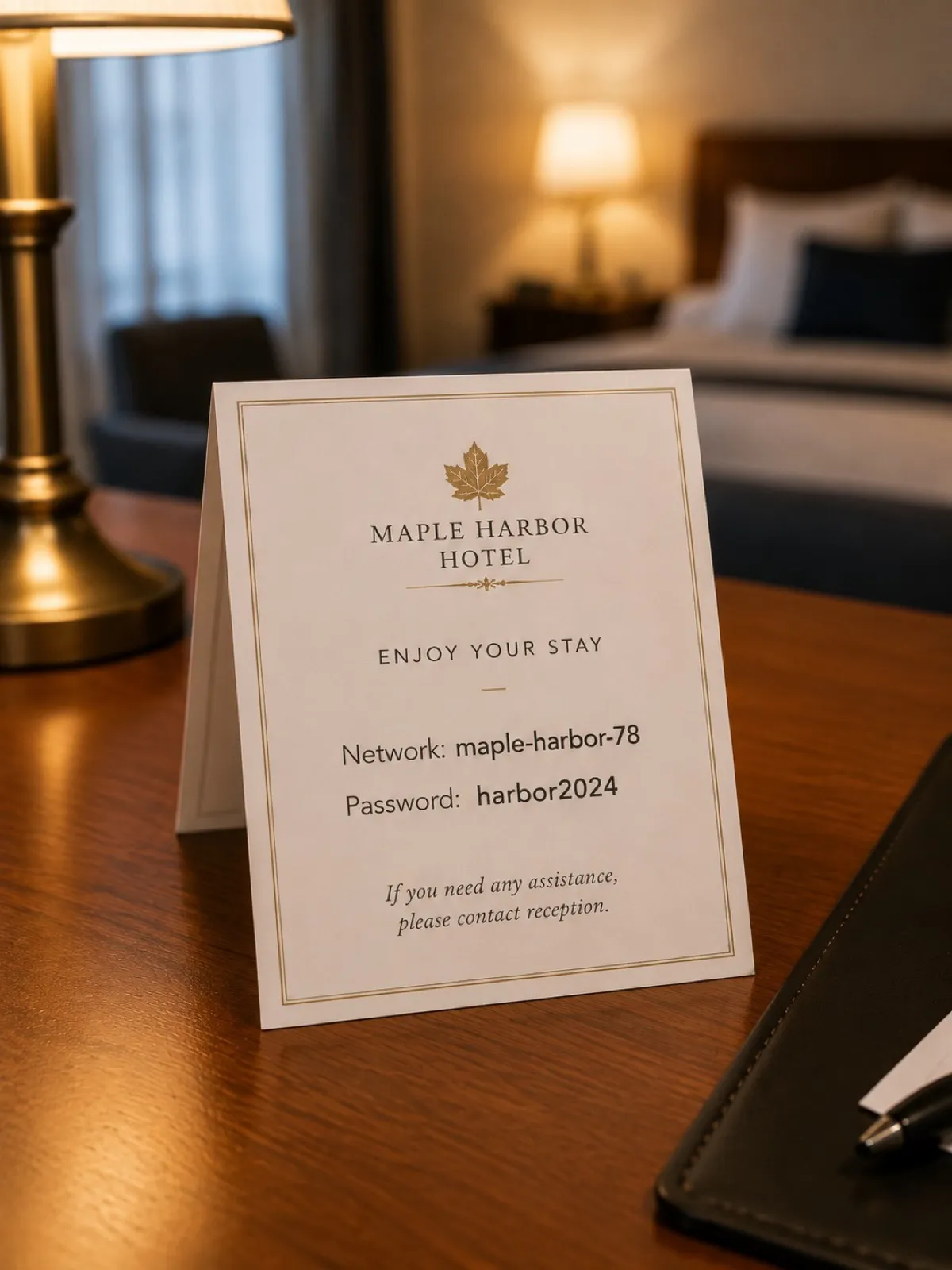 A hotel wifi card on a desk