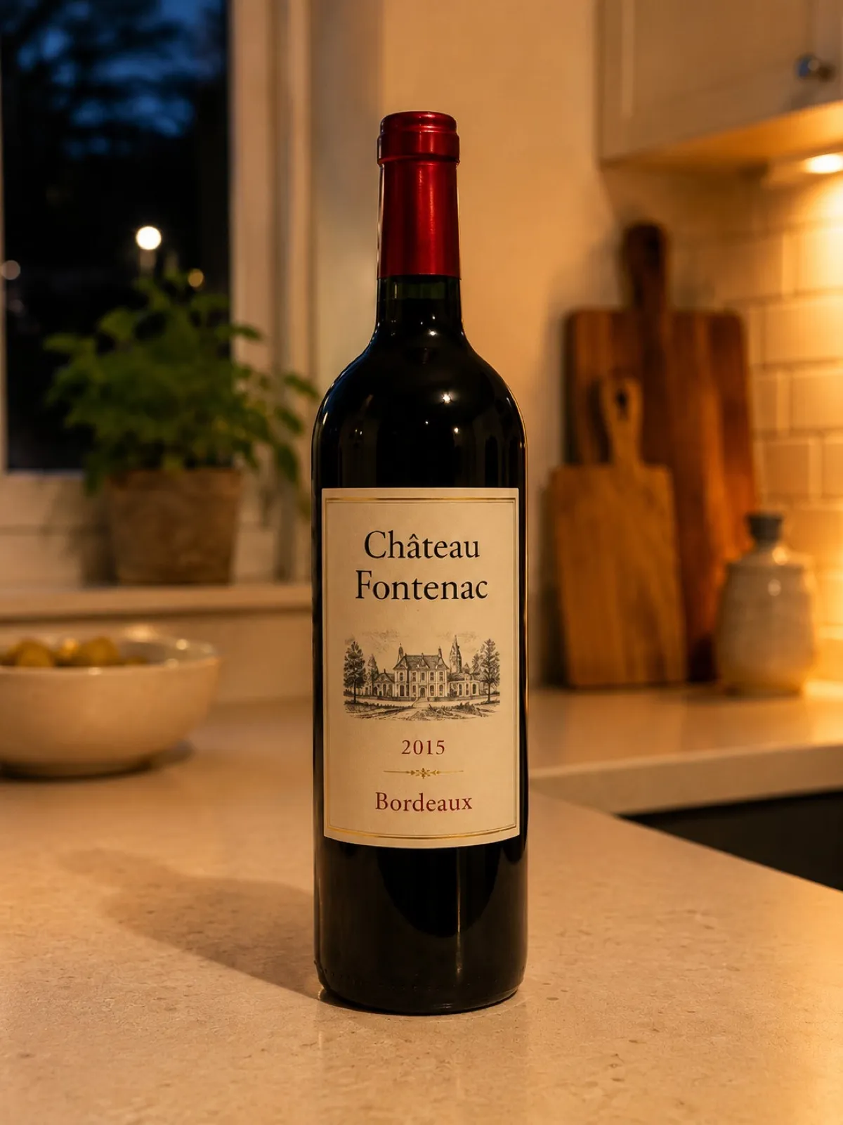 A bottle of red wine on a kitchen counter